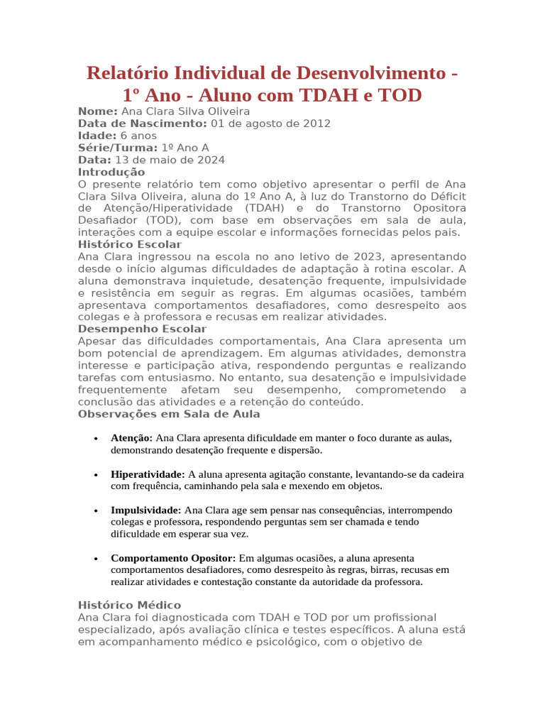 Relatório Individual de Desenvolvimento - 1º Ano - Aluno Com TDAH e TOD ...