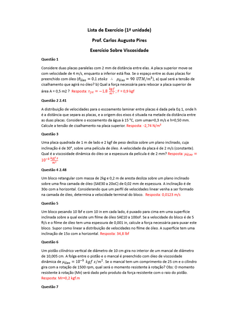 Lista de Exercício - Primeira Unidade | PDF