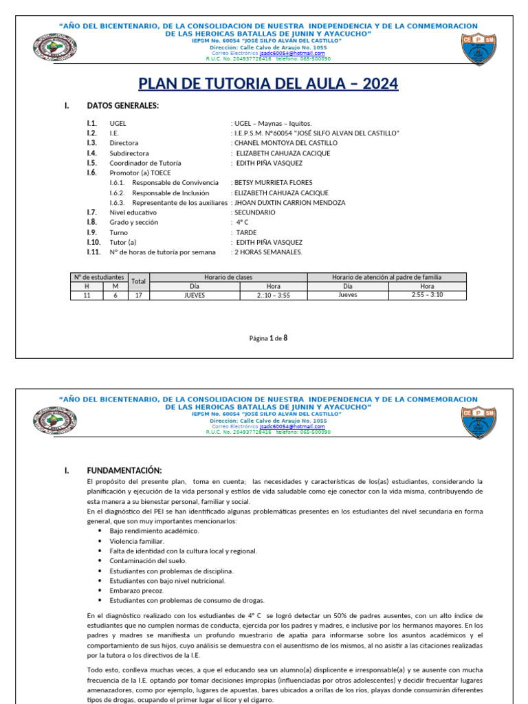 Plan de Tutoria Del Aula 2024 | PDF | Comportamiento | Aprendizaje