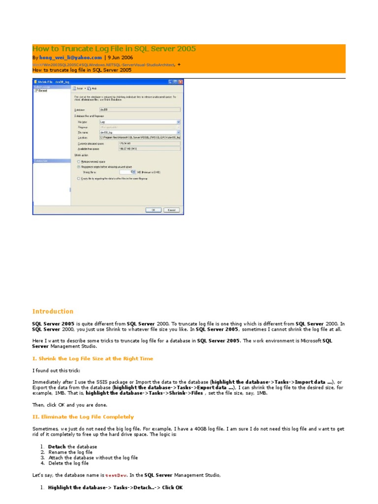 How To Truncate Log File in SQL Server 2005 | PDF | Microsoft Sql ...