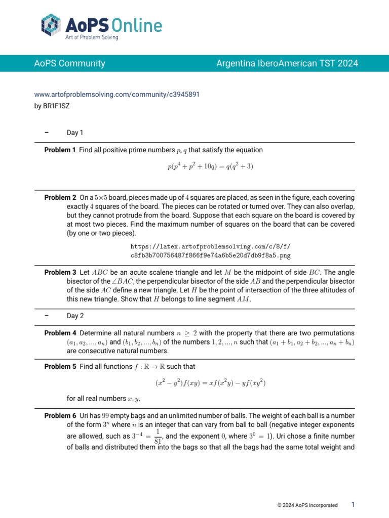 Aops Community Argentina Iberoamerican TST 2024: - Problem 1 | PDF