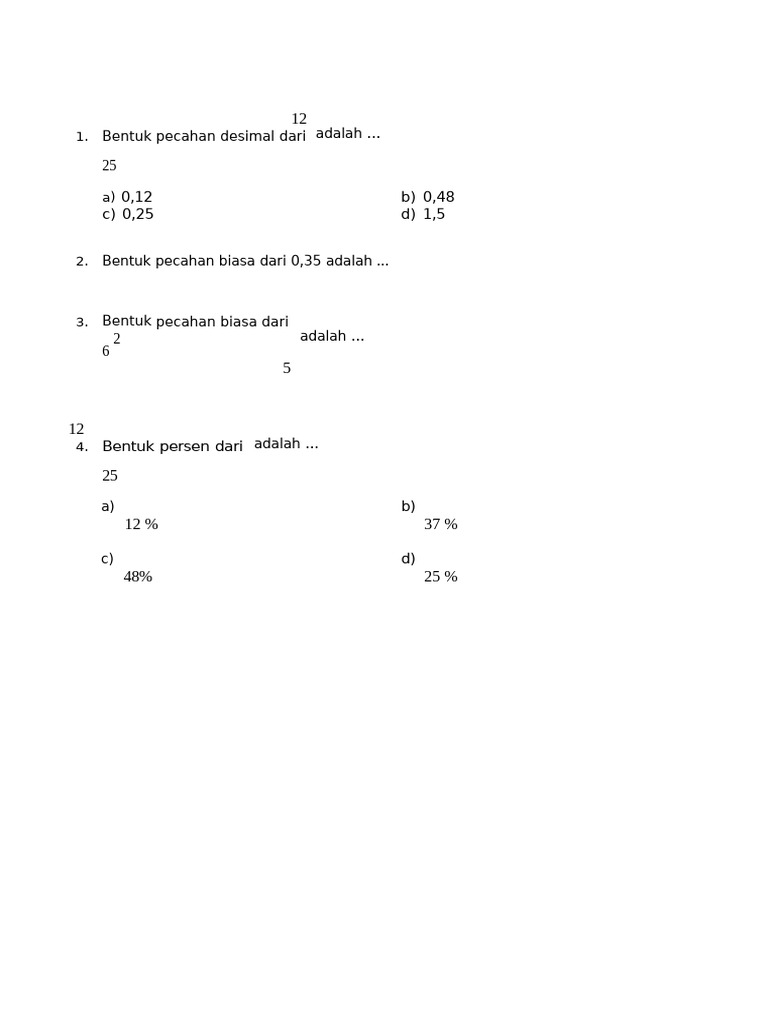 Pecahan Kelas 6 Quizizz Pdf
