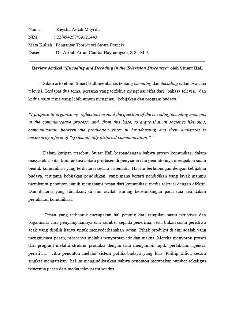Review Artikel Encoding and Decoding in The Television Discourse