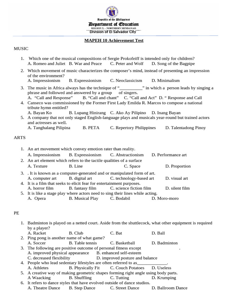 El Salvador City MAPEH 10 Test Guide | PDF | Art | Science & Mathematics