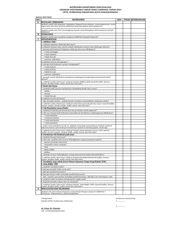 Instrumen Monev GERMAS 2022 | PDF