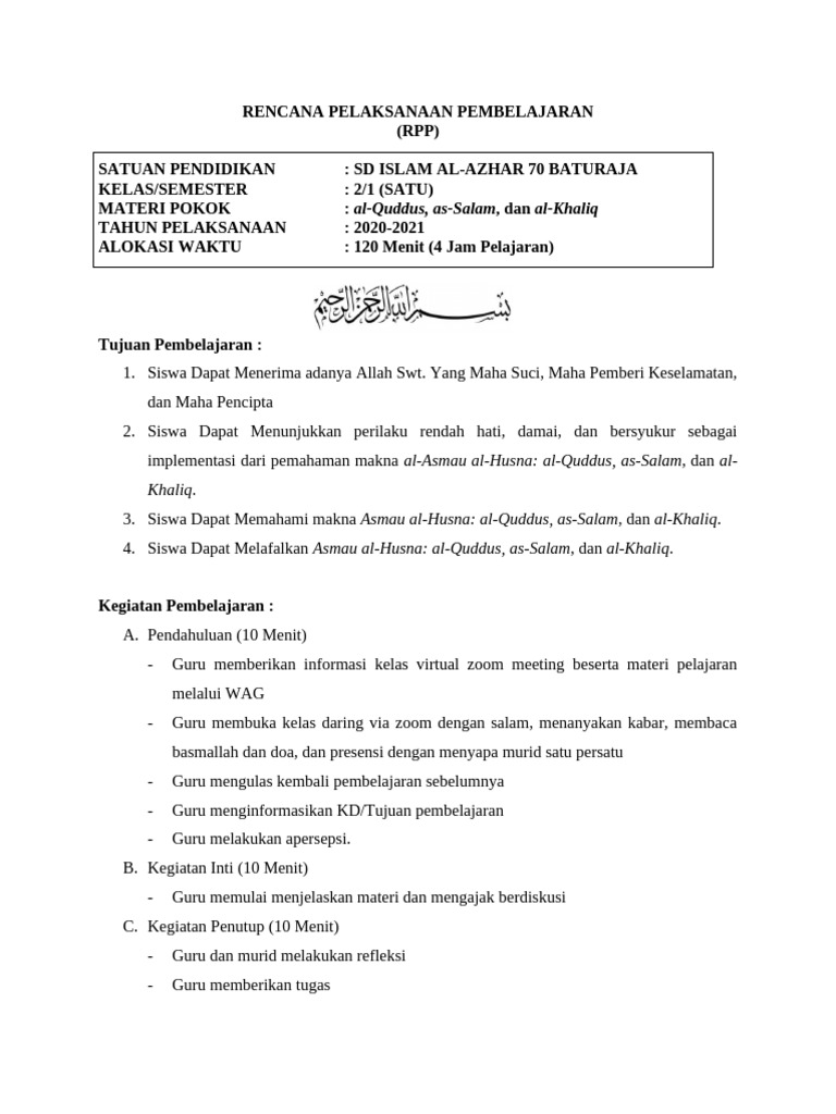 Rencana Pelaksanaan Pembelajaran Pai Kelas 2 Semester 1 5 Pdf