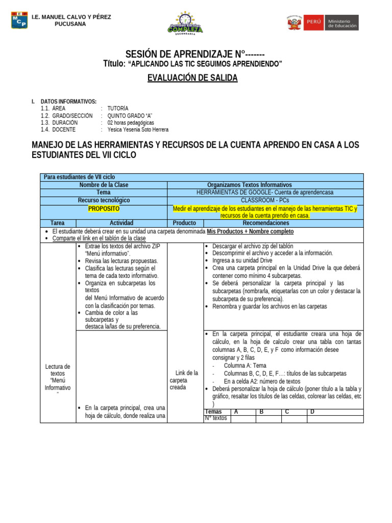 Sesion Evaluacion Tic Vi I Ciclo | PDF