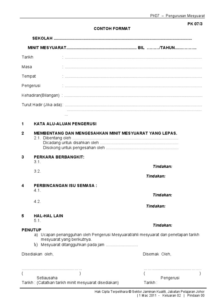 Pk07 03 Contoh Format Minit Mesyuarat Pdf