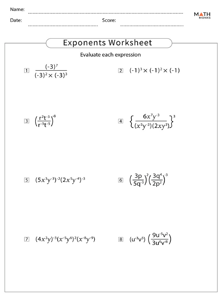 Exponents Worksheets Grade 9 Pdf