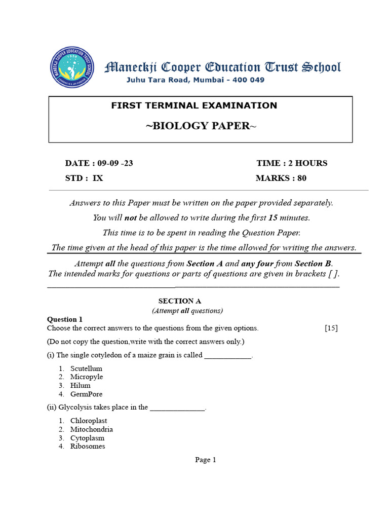 Biology 1st Term Paper | PDF