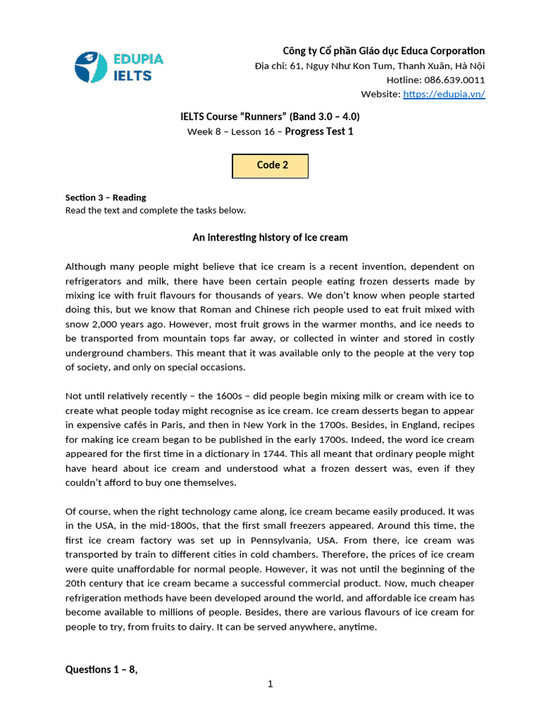 (Code 2) E2 L16 Progress Test 1 Reading | PDF