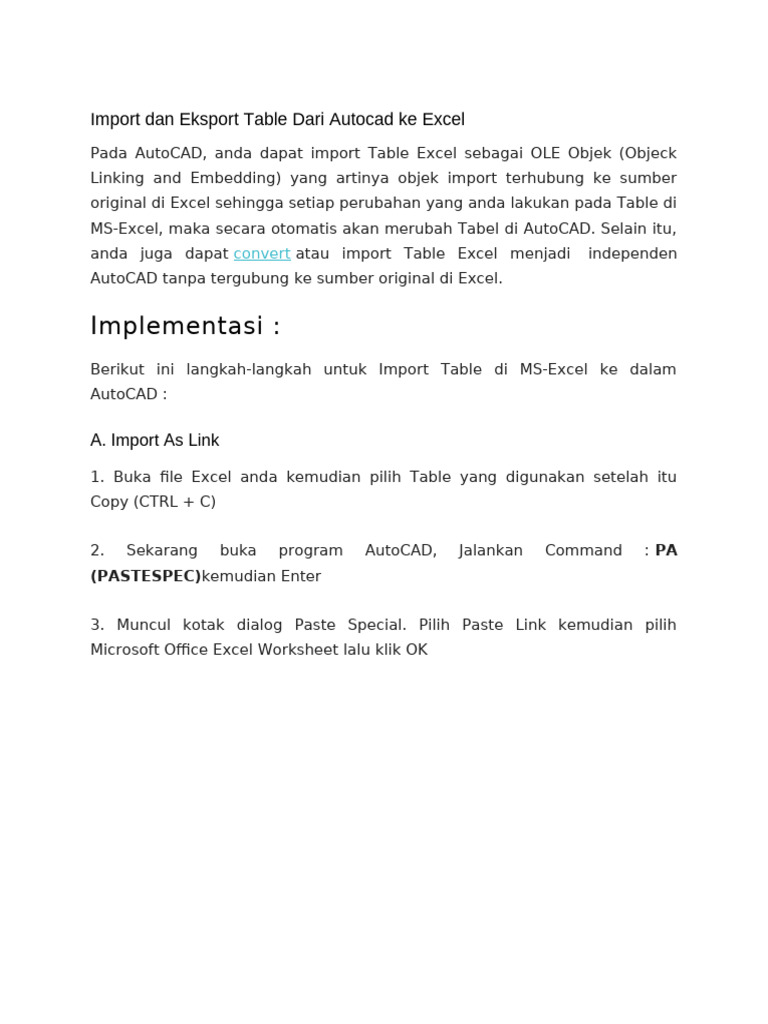 Import dan eksport table dari autocad ke excel pdf