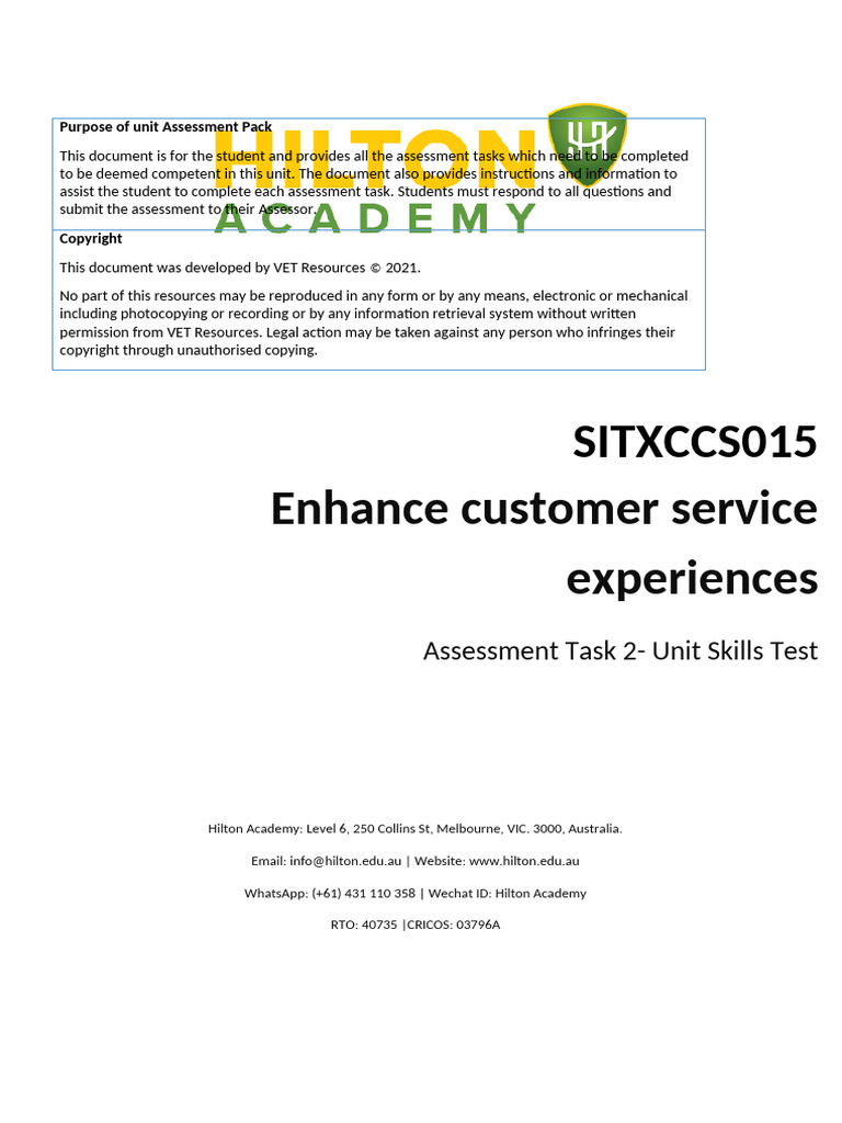 SITXCCS015-Assessment Task 2.v1.0 | PDF | Restaurants | Career & Growth