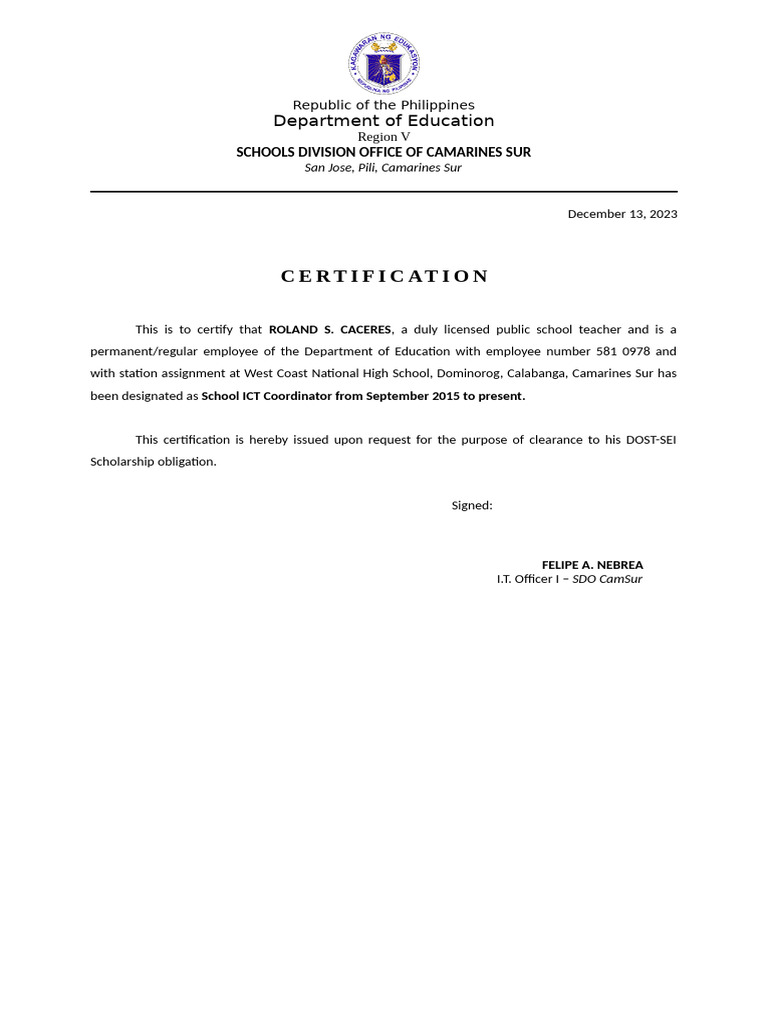 Certification of ICT Coordinator Role | PDF