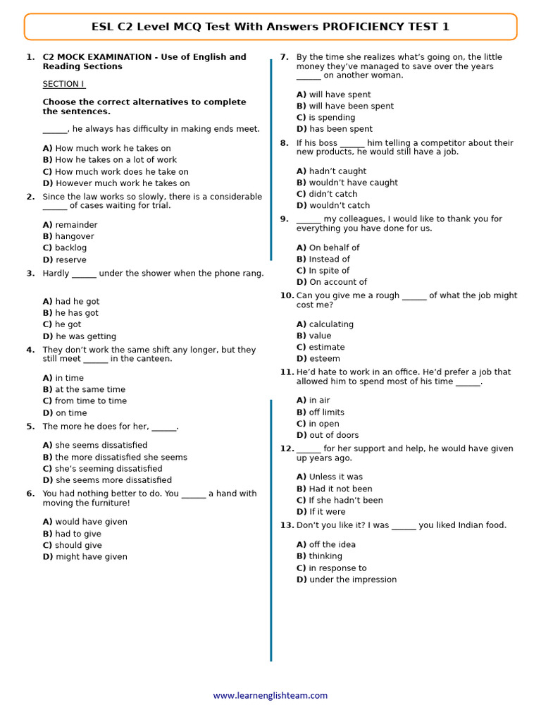 c2 English Level Test With Answers | PDF