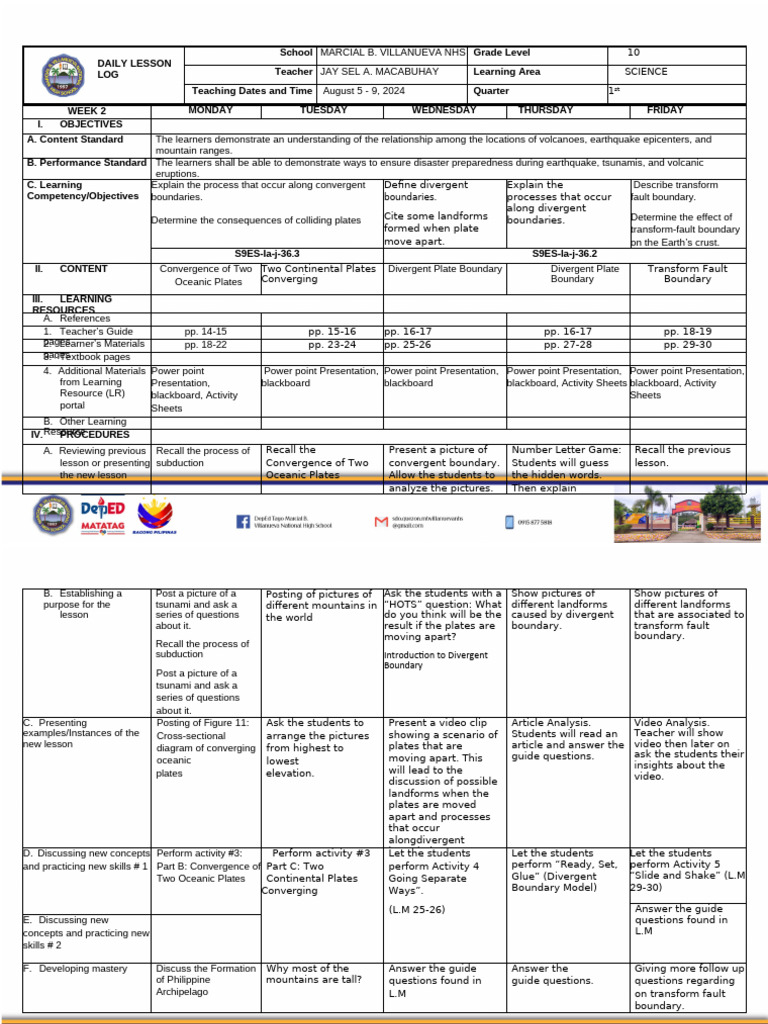 Grade 10 Science Lesson Plan: Plate Tectonics | PDF | Plate Tectonics ...
