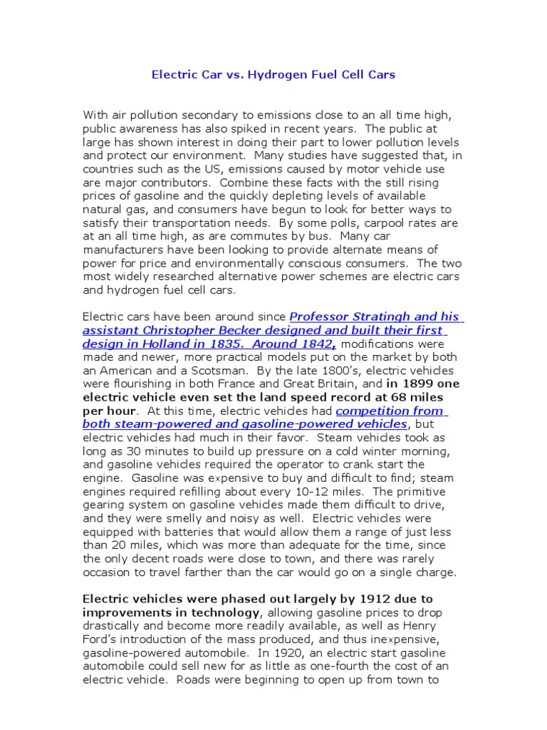 Electric Car vs. Hydrogen Fuel Cell Cars PDF Electric Vehicle Car