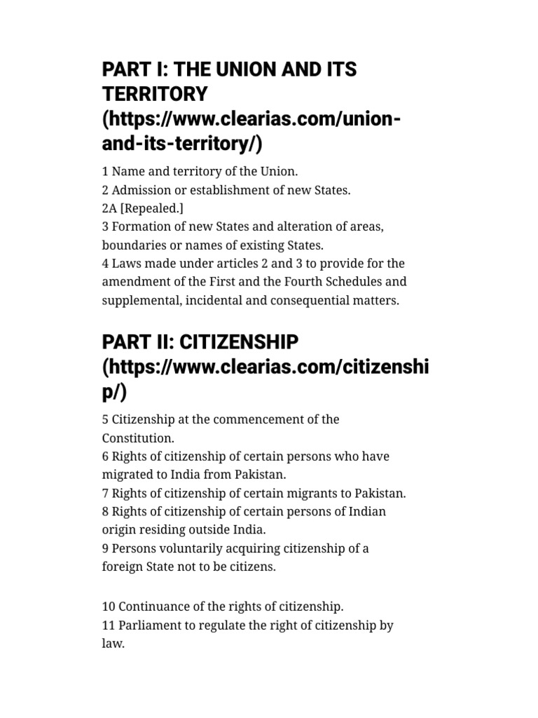 Constitution of india list of all articles 1 395 and parts 1 22
