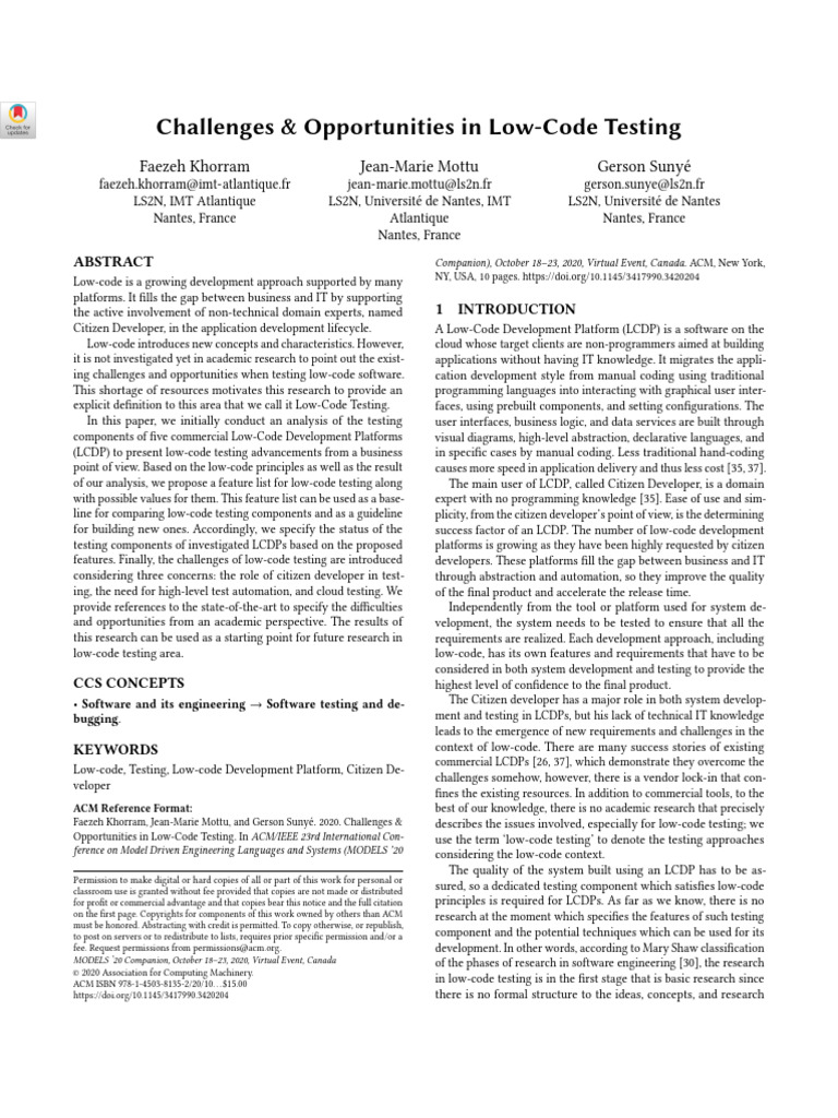 Khorram 等 - 2020 - Challenges & Opportunities in Low-code Testing | PDF