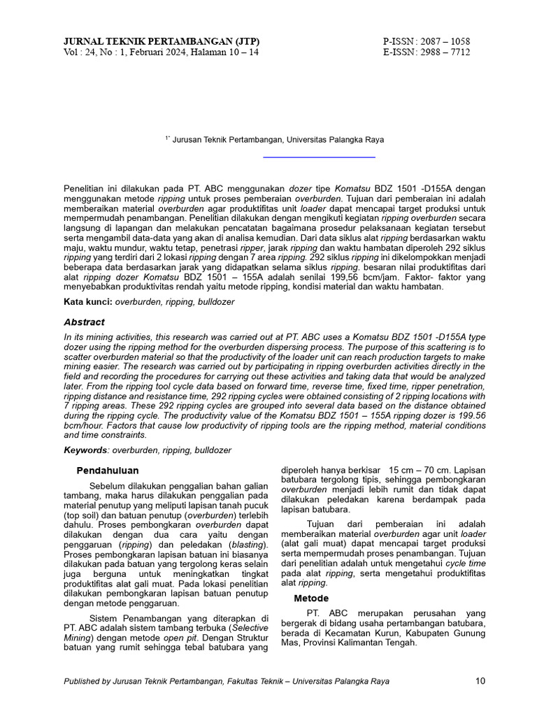 Produktifitas Alat Ripping Pada Pemberaian Overburden Di Pt. Abc ( | PDF