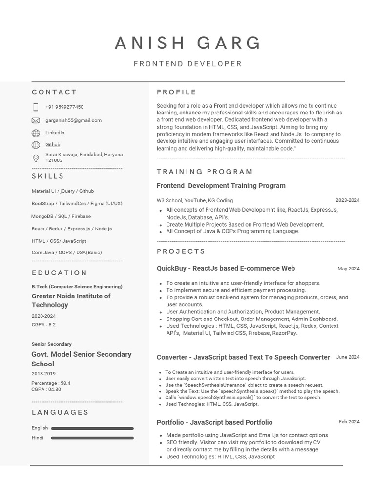 Anish Garg CV-2 | PDF | Java Script | Business