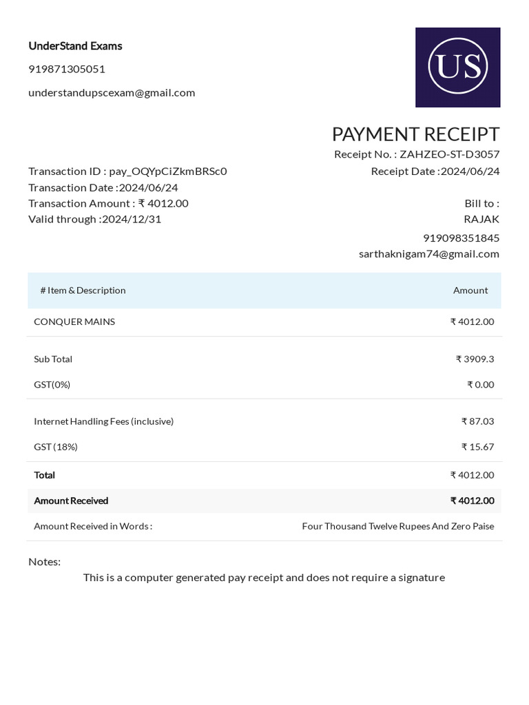 Conquer Mains Payment Receipt | PDF