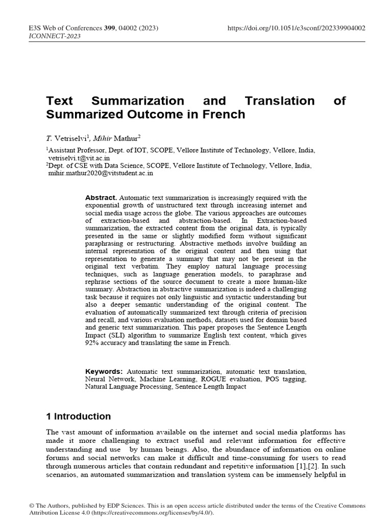 Text Summarization and Translation of Summarized O | PDF
