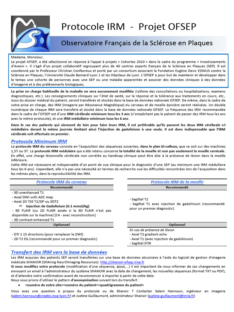 Protocole IRM - Projet OFSEP | PDF | Imagerie par résonance magnétique ...