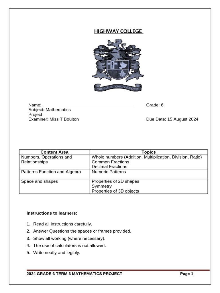 Grade 6 Mathematics Project Term 3 2024 - 051405 | PDF