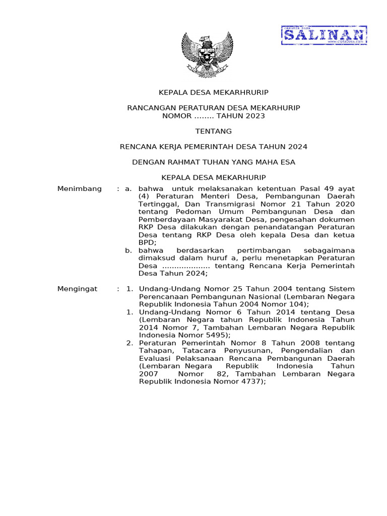 Rancangan Perdes Rkp Desa 2024 Www Ciptadesa Pdf