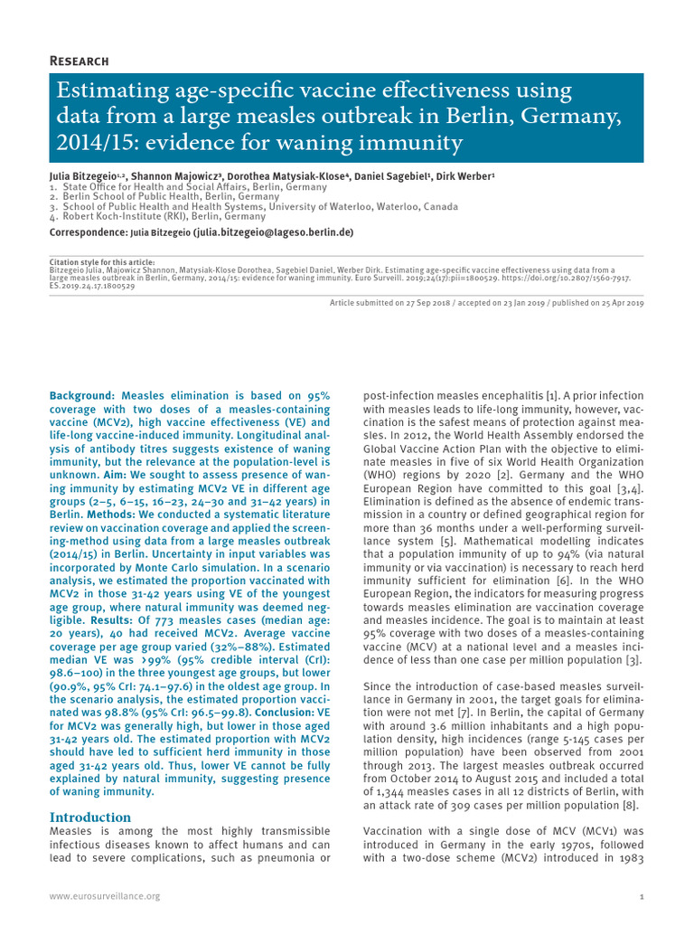 Bitzegio Et Al 2019 Measles Evidence For Waning Immunity | PDF