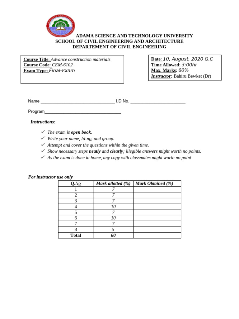 Advanced Construction Material - Exam | PDF