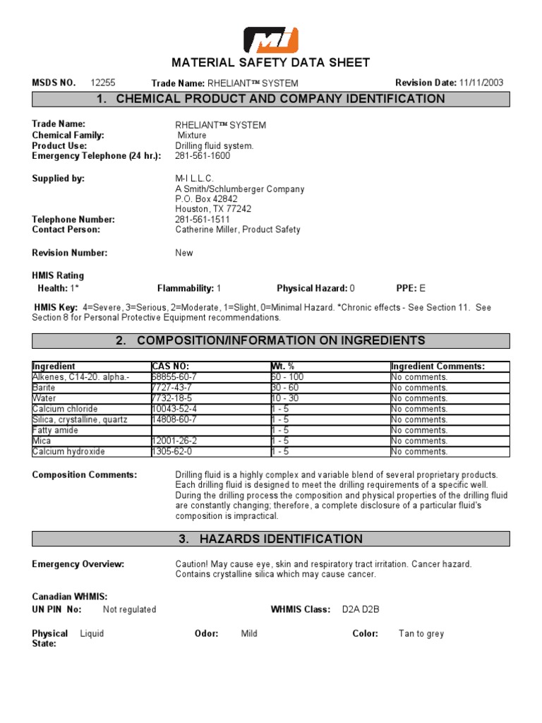 MSDS For Rheliant Drilling Mud PDF Silicon Dioxide Resource