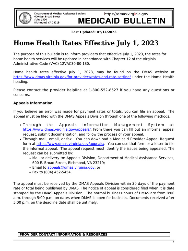 Home Health Rates Effective July 1, 2023 | PDF