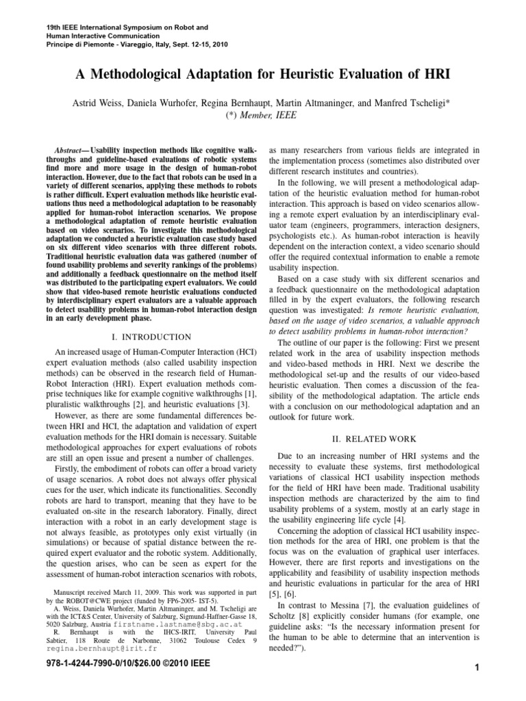 A Methodological Adaptation For Heuristic Evaluation of HRI | PDF