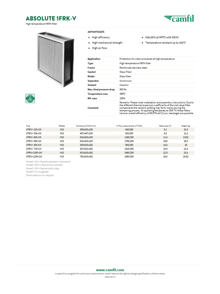 Data Sheet ABSOLUTE 1FRK V | PDF | Filtración | Equipo químico
