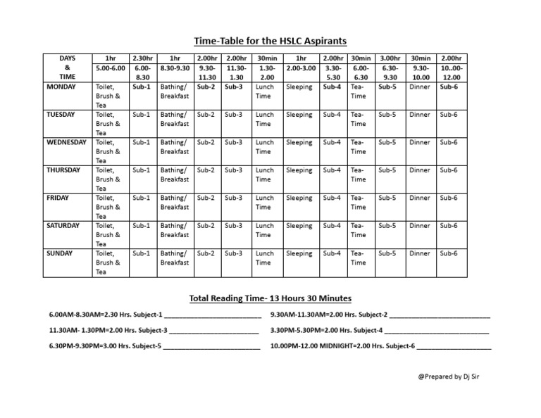 Time-Table For HSLC Aspirants | PDF