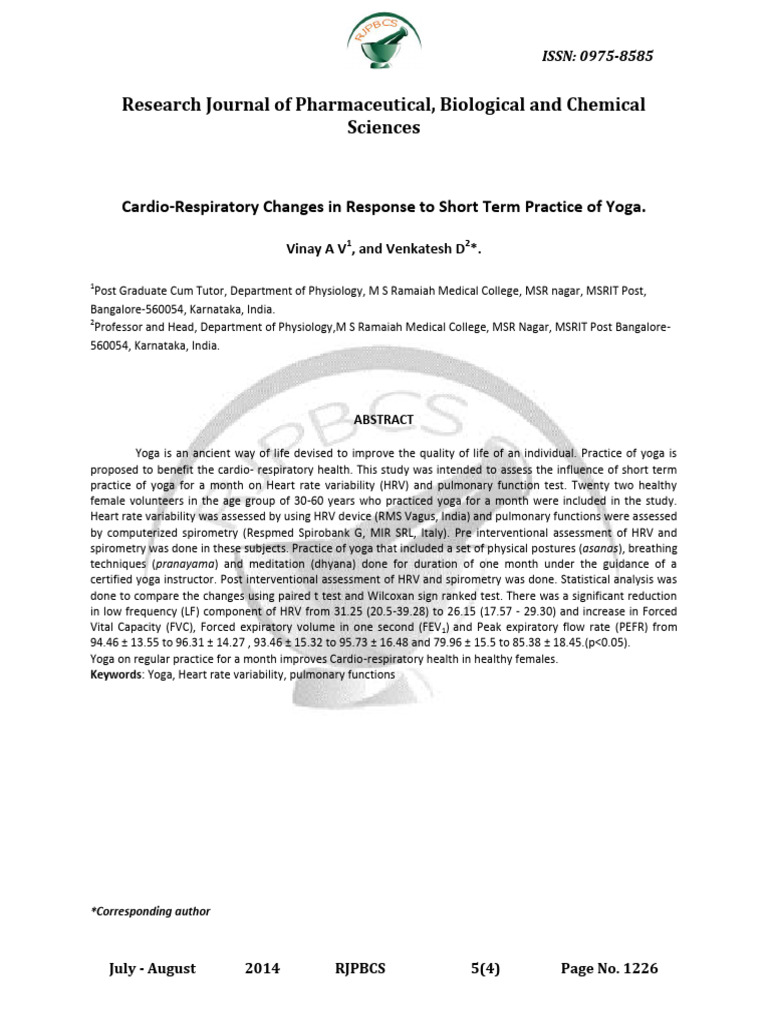 4 Cardiorespiratory Changes in Response To Short Term Practice of Yoga ...