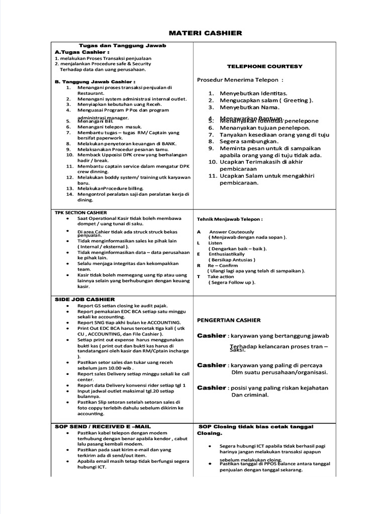 Materi Cashier Materi Cashier: B. Tanggung Jawab Cashier: B. Tanggung ...