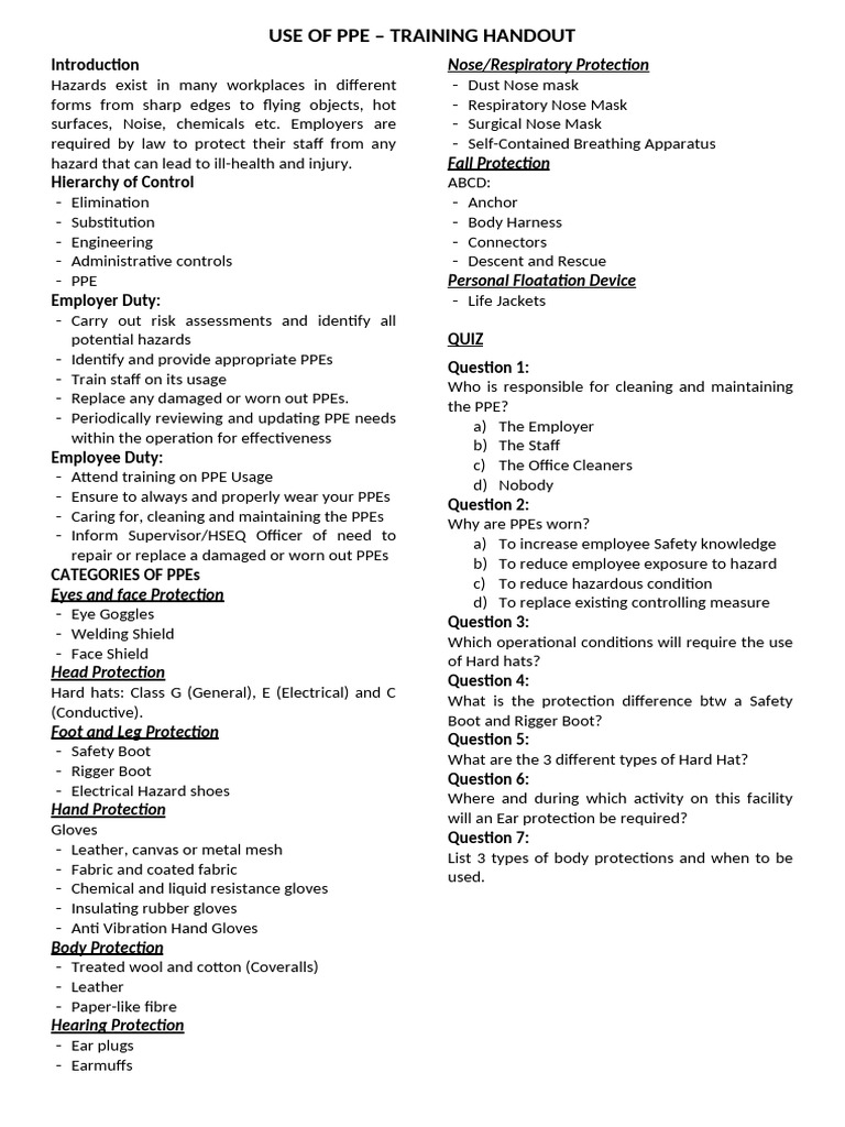 PPE Training Handout Overview | PDF | Personal Protective Equipment ...