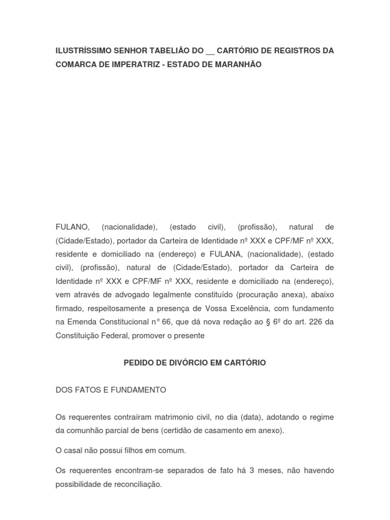 MODELO DE PEDIDO DE DIVORCIO EM CARTÓRIO
