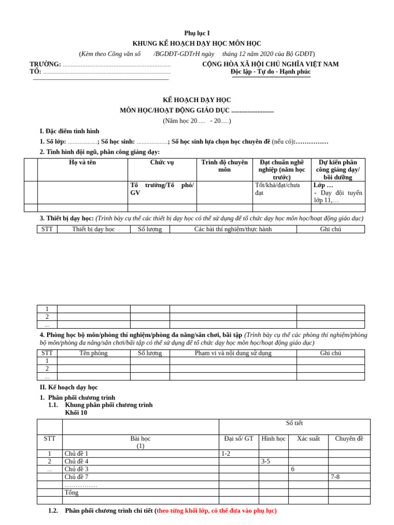 Phu luc 1 Khung Ke hoach day hoc mon học clean | PDF