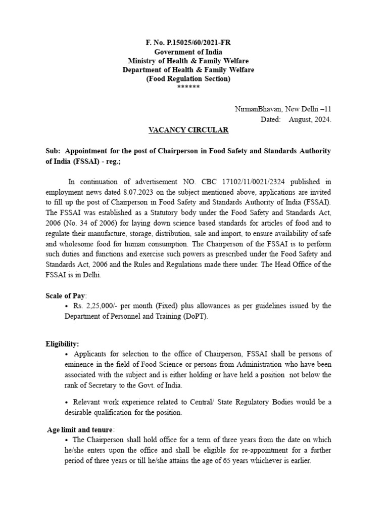 Food safety and standards authority of india chairperson notice 2024 pdf