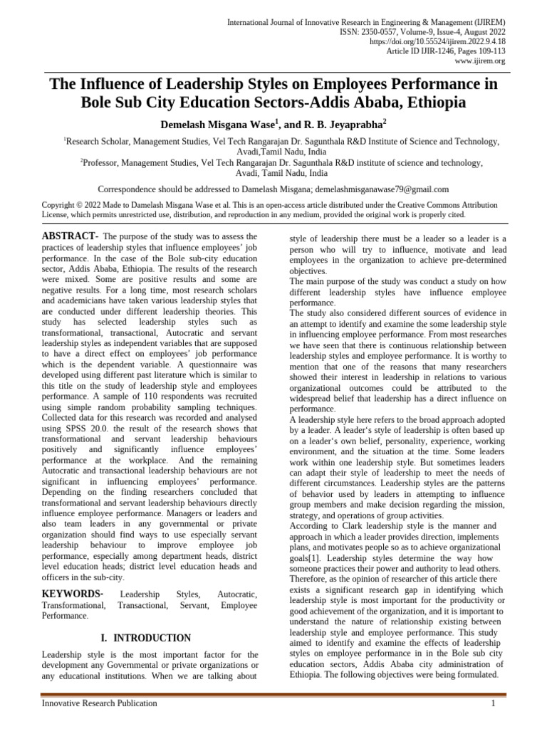 BOLEE The Influence of Leadership Styles On Employees Performance | PDF ...