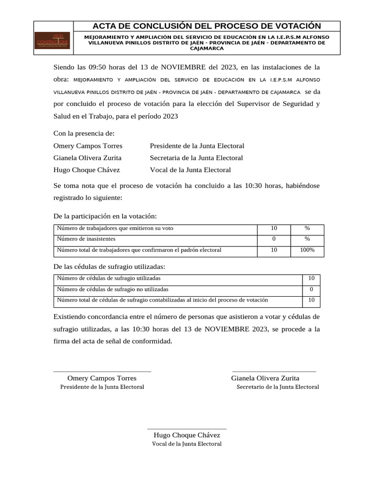 Acta de Conclusion de Proceso de Votación | PDF