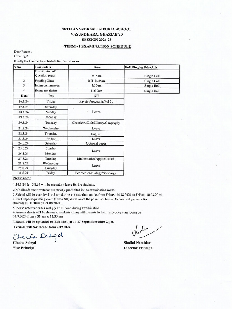Class Xii Term I Examination Schedule | PDF