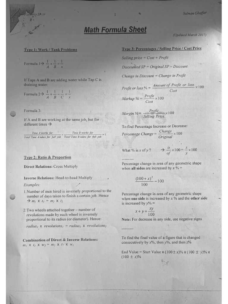 Math Formula Sheet | PDF