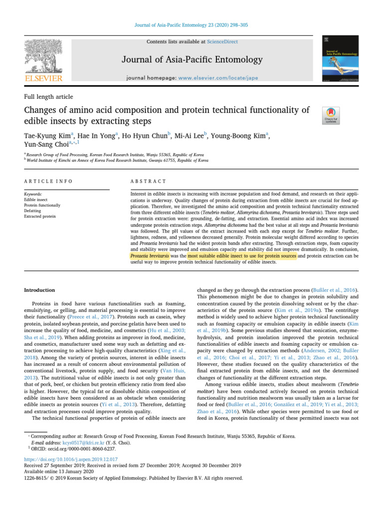 KIM (2020) - Changes of AAs Comp. and Protein Funct. of Edible Insects ...