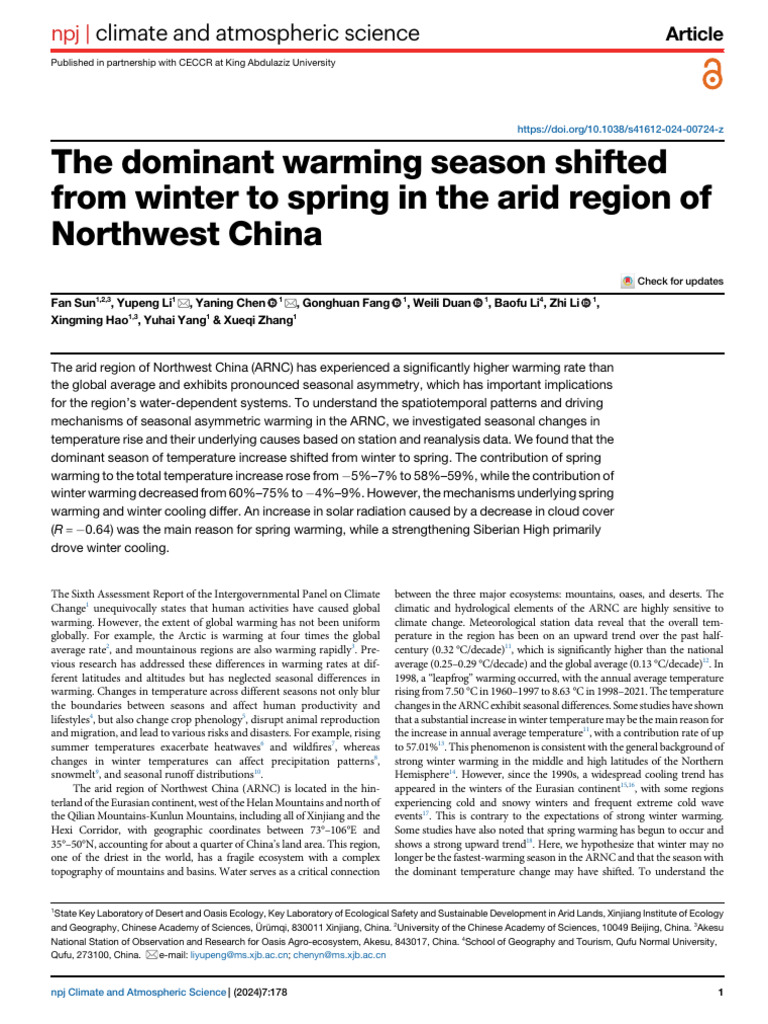 The Dominant Warming Season Shifted From Winter To Spring in The Arid ...