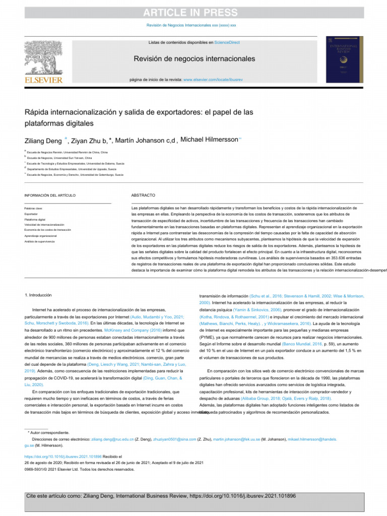 Deng Z, Et Al, 2021, Rapid Internationalization and Exit of Exporters ...